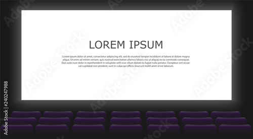 Movie cinema premiere poster design with screen and auditorium. Rows of cinema or theater seats with people looking at the screen. Dark hall background. Flat design realistic vector illustration.