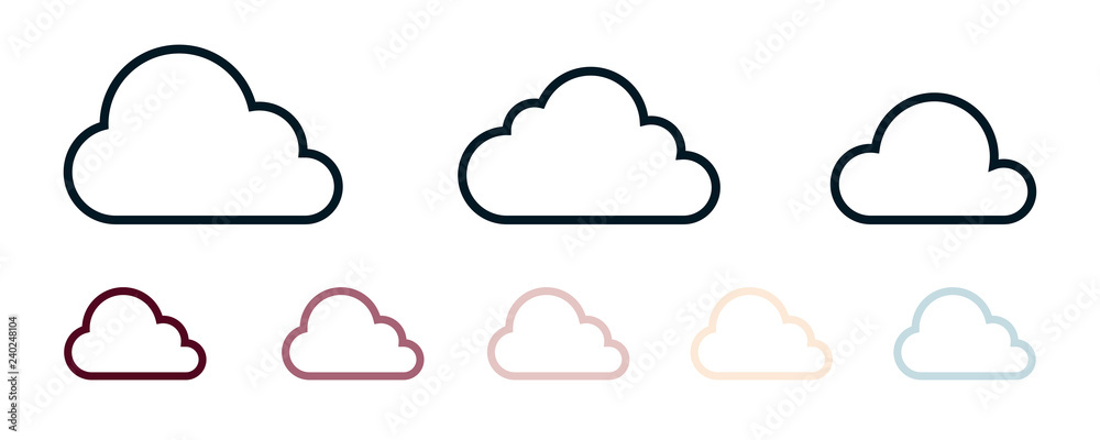 Clouds icon set isolated on a white background. Logo and sign. Cloud technologies. Different colors. Simple modern design. Flat style vector illustration. Clouds icon set isolated on a white background. Logo and sign. Cloud technologies. Different colors. Simple modern design. Flat style vector illustration.