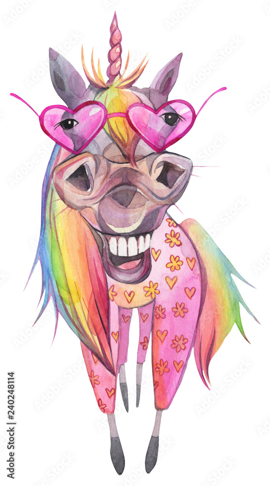 Funny rainbow colorful unicorn in sunglasses. Hand painted watercolor illustration