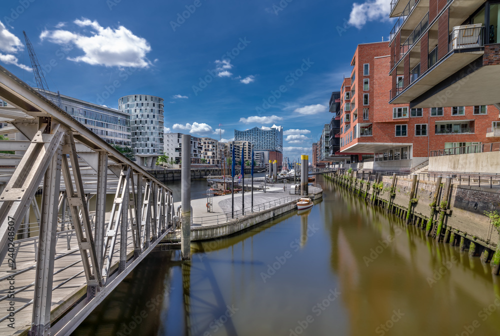 The Harbor District (HafenCity) in Hamburg, Germany. A view of the Sandtorkai across on a sunny day.