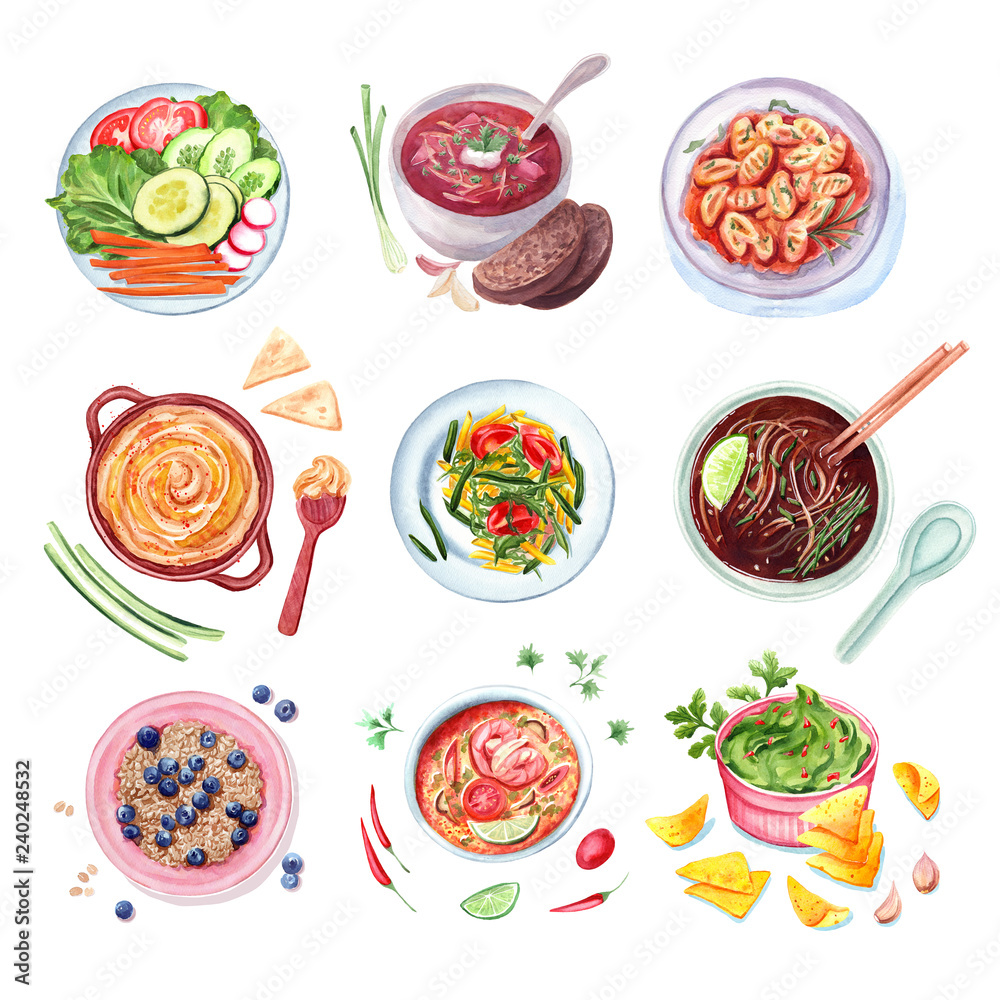 watercolor set of different dishes, isolated collection food illustration.