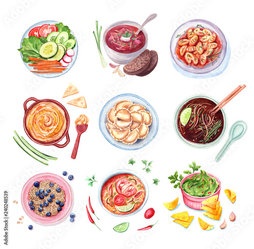 watercolor set of different dishes, isolated collection food illustration. © katedeepomania
