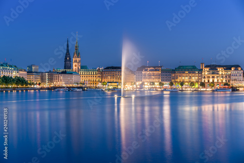 The Inner Alster Lake  German  Binnenalster  in Hamburg  Germany. Evening view of the inner city at dusk with the fountain reflecting in the water.