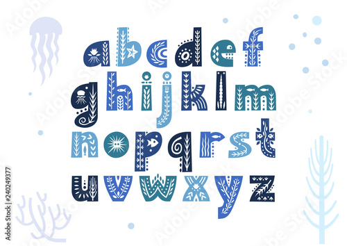 Vector lowercase alphabet decorated with underwater patterns