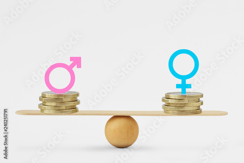 Foto Male and female symbols on piles of coins on balance scale - Gender pay equality