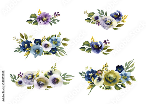 Collection watercolor wedding bouquet flowers green and purple flowers ornament © Ekaterina