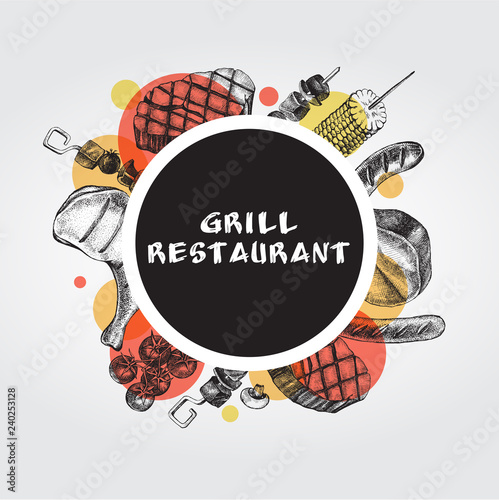Background with Ink hand drawn meat products and grilled dishes. Food elements collection. Vector illustration.