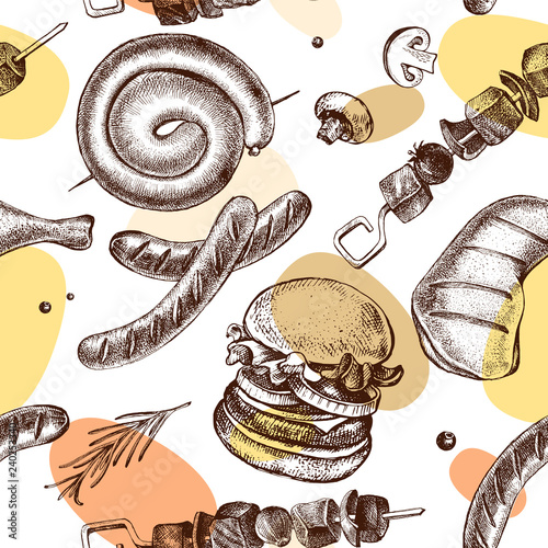 Decorative seamless pattern with Ink hand drawn meat products and grilled dishes. Food elements texture for your design. Vector illustration.