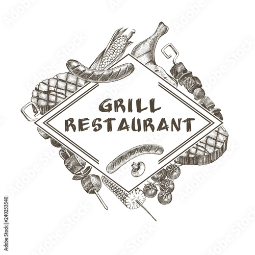 Background with Ink hand drawn meat products and grilled dishes. Food elements collection. Vector illustration.