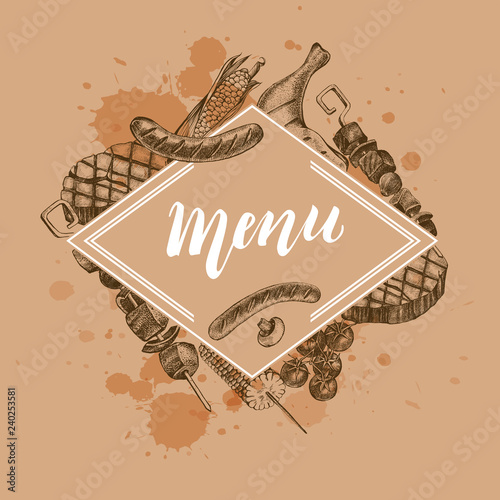 Background with Ink hand drawn meat products and grilled dishes. Food elements collection. Vector illustration.