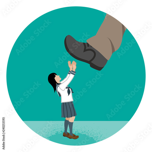 巨大な足に踏みつけられそうな女子生徒　　児童虐待コンセプトアート