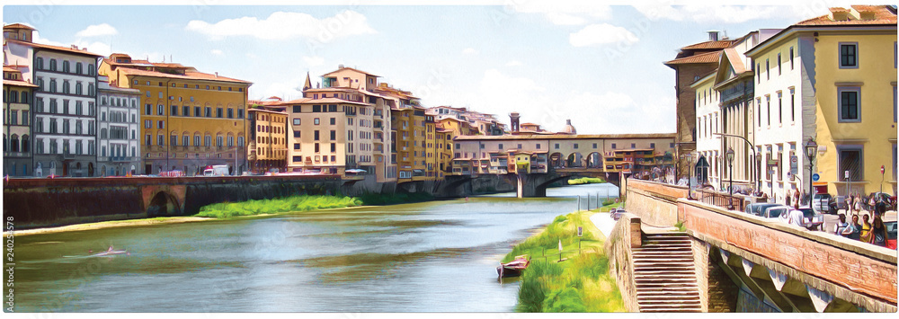 Naklejka premium Drawing a bridge Ponte Vecchio over the Arno river in Florence. Panorama.