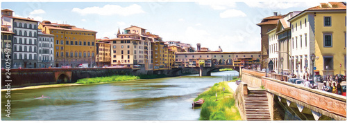 Drawing a bridge Ponte Vecchio over the Arno river in Florence. Panorama.