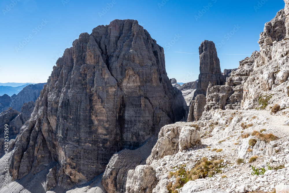 View of the mountain peaks Brenta Dolomites. Trentino, Italy