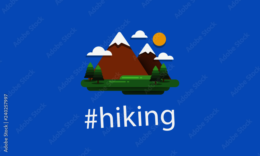 Fototapeta premium Hiking Hashtag with Mountains With Trees Clouds and Sun Vector Flat Illustration