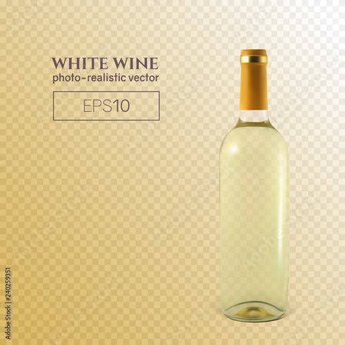 Photorealistic bottle of white wine on a transparent background. Mock up transparent bottle of wine. This wine bottle can be placed on any background.