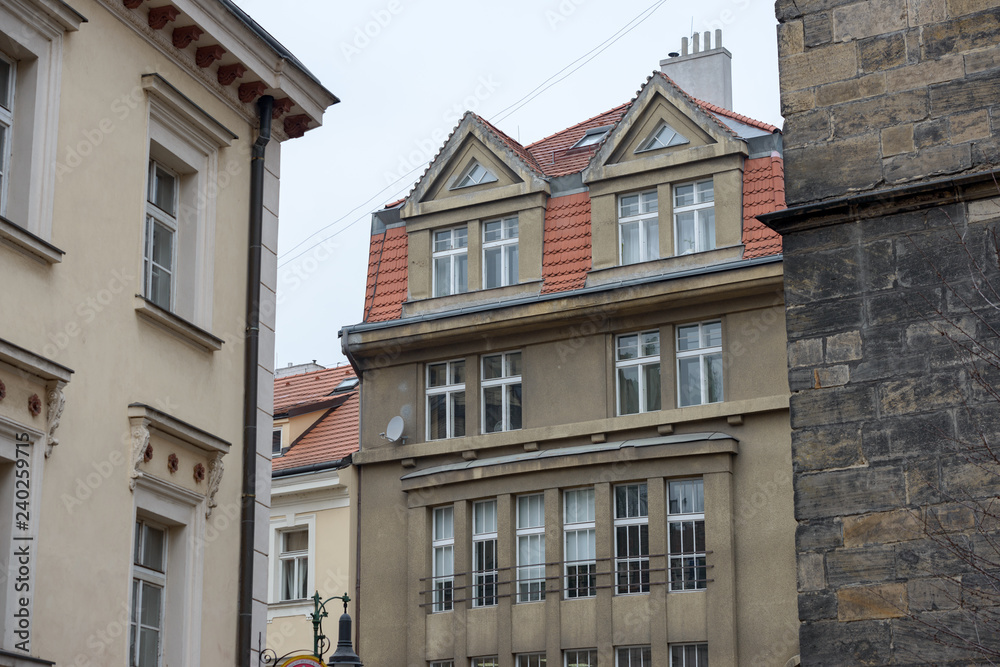 Old buildings on Petrska Street in Prague, Czech Republic.