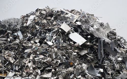 Large stack of aluminum and ferrous materials scrap ready for recycling
