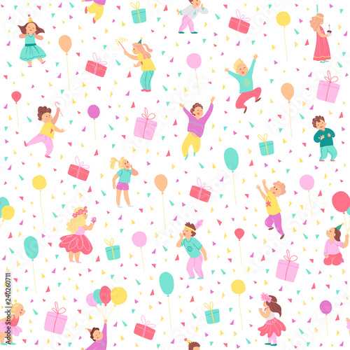 Vector seamless pattern for children birthday party. Flat hand drawn style. Happy kid characters, balloons, gift boxes, confetti isolated on white background. Good for cards, packaging, banners, print