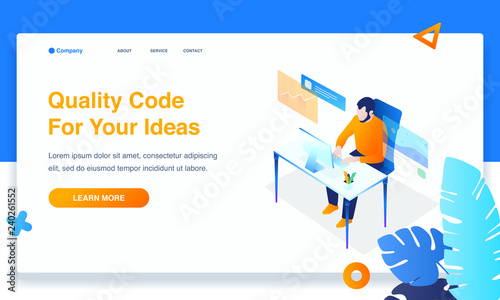 Man working on the computer programmer, business analysis, Isometric