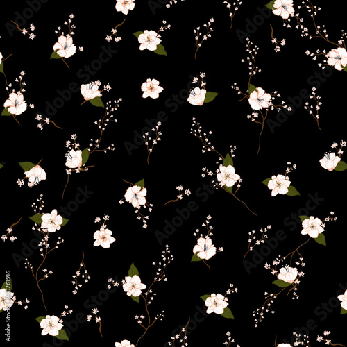 Dark garden night  Blossom white Floral pattern in the blooming botanical  Motifs scattered random. Seamless vector texture. For fashion fabric and all prints,
