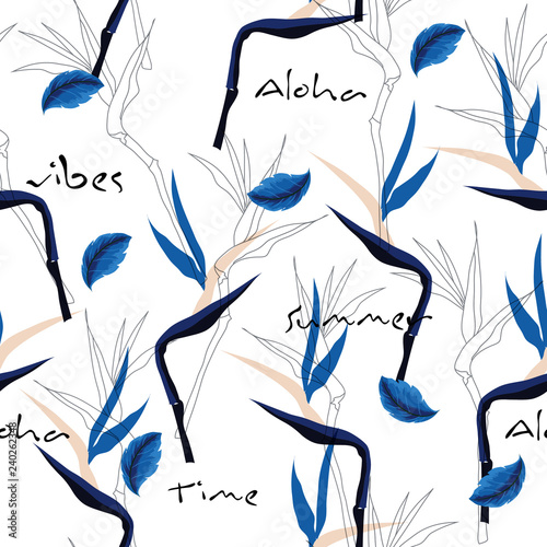 Hand drawing Flora mix with outlinel seamless tropical pattern and hand writting typo aloha,summer vibes, white background with exotic flowers,  leaves  bird of paradise flower.