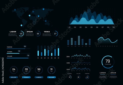 Modern infographic network management data screen. Diagram vector design template of interface, admin panel with graphs, chart diagrams, statistics graphs and finance charts
