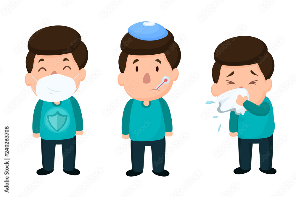 Men who are sick with the flu Put on a mask to prevent disease. Vector on white background.