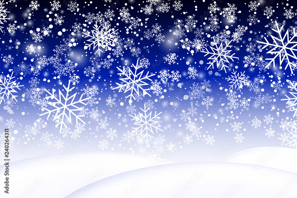 Falling snow background. Realistic snowdrift. Vector illustration with snowflakes. Winter snowy landscape. Eps 10.