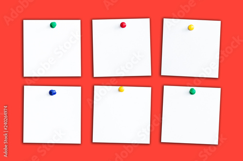 Six empty copy space memo reminder cards isolated on red background.