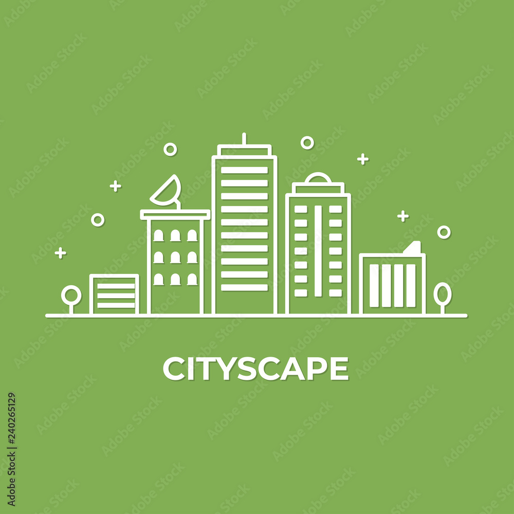 City landscape with building.  Flat line vector illustration of tower cityscape. minimal style.