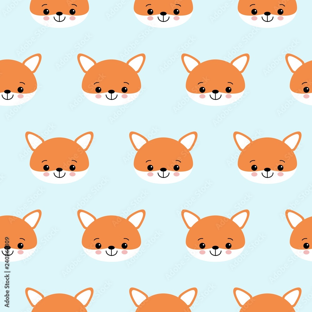 Cute foxes seamless vector pattern. Orange fox s head on blue background