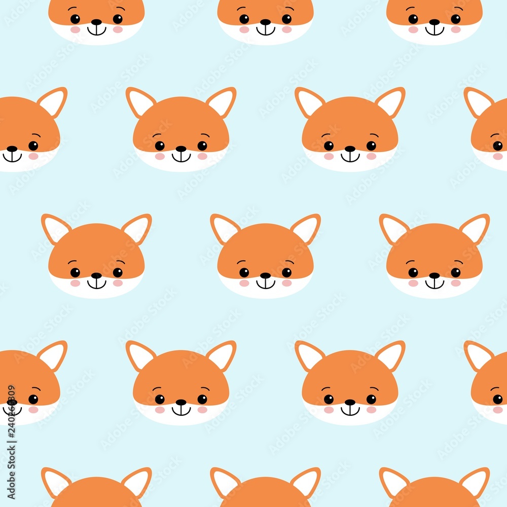 Cute foxes seamless vector pattern. Orange fox s head on blue background Cute foxes seamless vector pattern. Orange fox s head on blue background