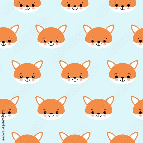 Cute foxes seamless vector pattern. Orange fox s head on blue background © YuliaR