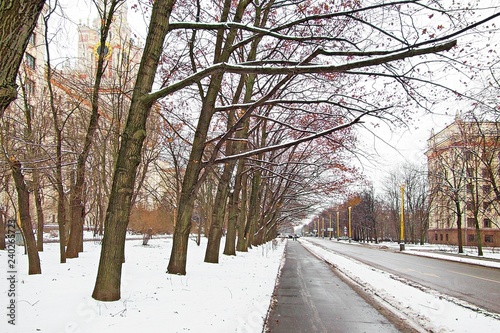 Vibrant view of winter campus of famous Russian university with snowed trees