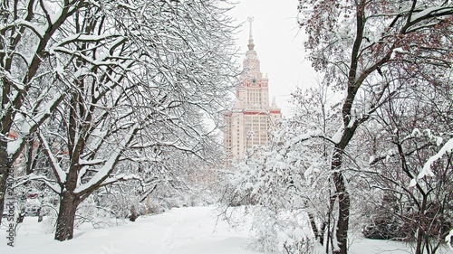 Vibrant view of winter campus of famous Russian university with snowed trees