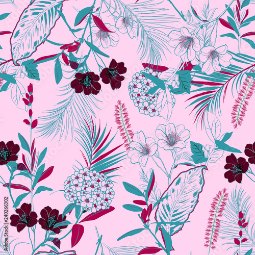 Sweet color in the  forest blooming garden outline and hand painting flowers many kind of floral in seamless pattern