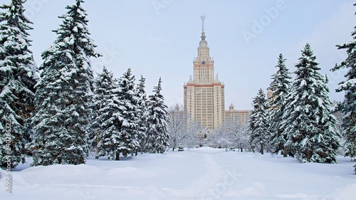 Vibrant view of winter campus of famous Russian university with snowed trees