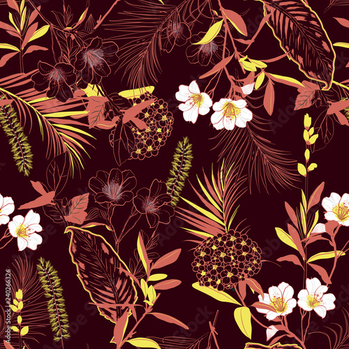 Dark  forest blooming garden outline and hand painting flowers many kind of floral in seamless pattern vector illustration