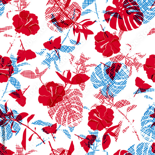 Bright  summer Silhouette red flowers and botanical on hand line sketch in shape of leaves seamless pattern vector for fashion fabric