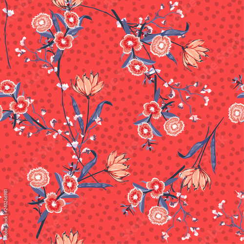 Summer and bright Seamless pink floral pattern with blooming ,Flowers  on hand drawn on tone polka dot background. Vector  for fashion fabric and all prints