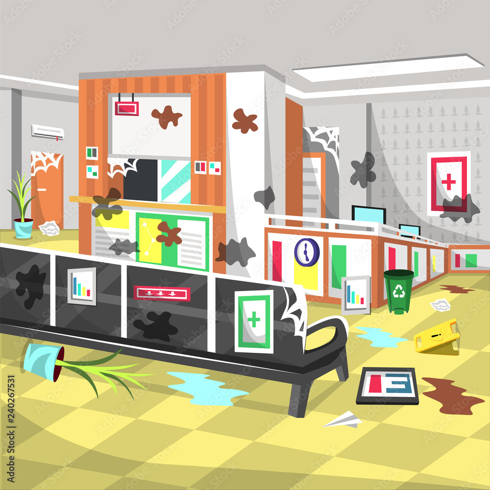 Dirty Waiting Room at Hospital with Chair, Lobby Receptionist Room, Information Room with Clock for Cartoon Vector Interior Illustration Ideas Dirty Waiting Room at Hospital with Chair, Lobby Receptionist Room, Information Room with Clock for Cartoon Vector Interior Illustration Ideas