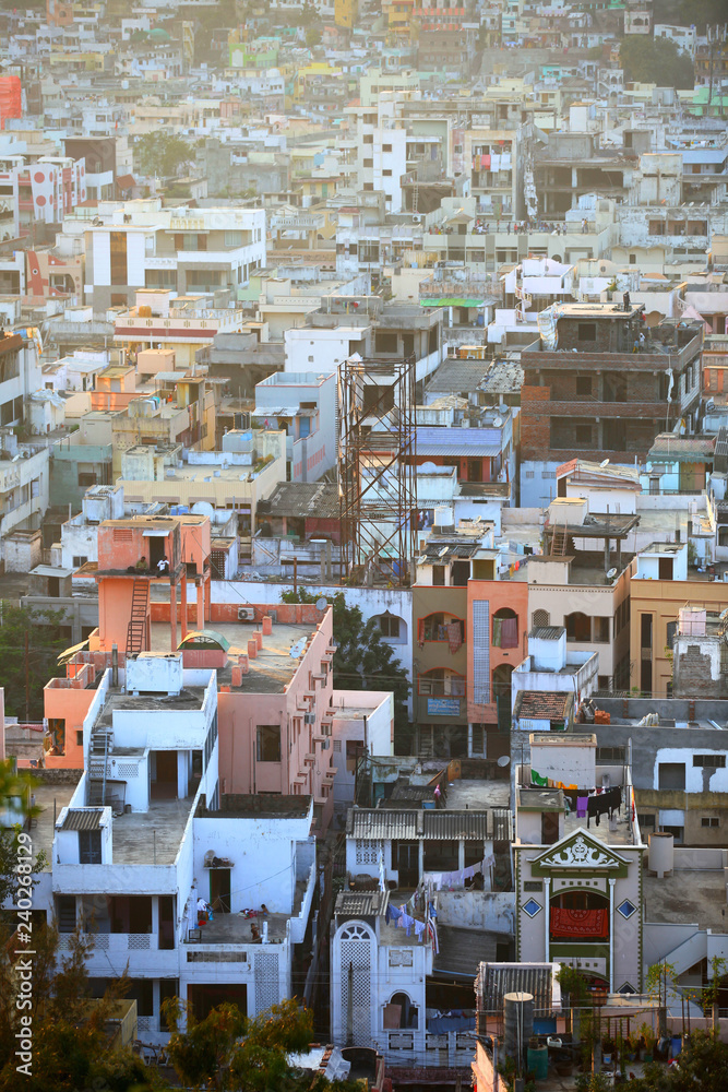 Fototapeta premium Vijayawada, INDIA - December 28 2015 : Aerial view of city in twilight, at Vijayawada, India