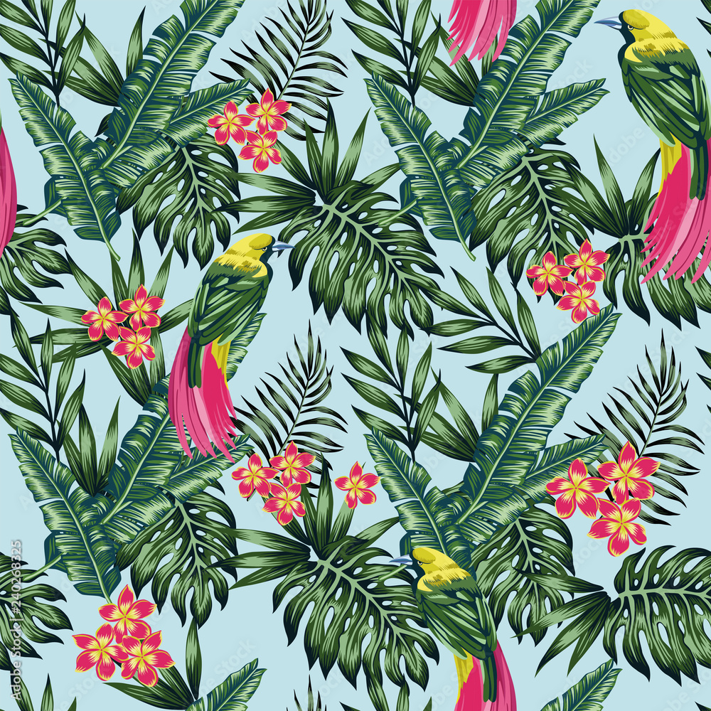 Exotic birds jungle flowers and leaves blue background seamless Exotic birds jungle flowers and leaves blue background seamless