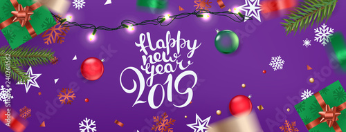 Happy New Year 2019 banner. Xmas elements on a table. Top view vector illustration
