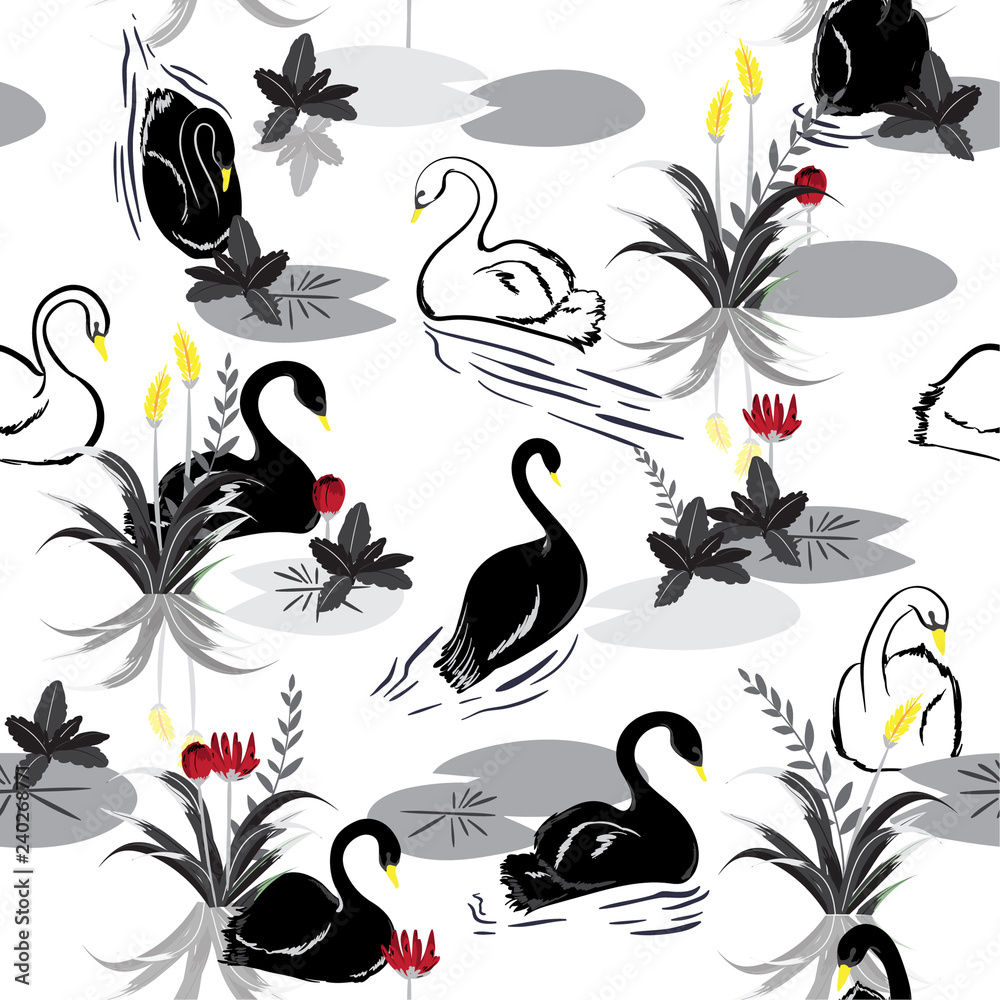 Naklejka premium Balck and white Seamless pattern of swans in the lake with red and yellow flower. Vector illustration.For fashion fabric and all prints