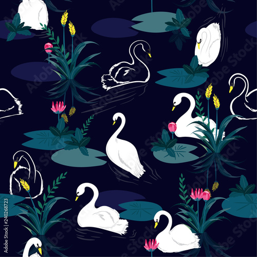 Seamless pattern of swans in the lake. Vector illustration.For fashion fabric and all prints