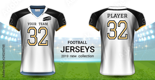 American Football or Soccer Jerseys Uniforms, Realistic Graphic Design Front and Back View for Presentation Mockup Template, Easy Possibility to Apply Your Artwork, Text, Image, Logo (Eps10 Vector)