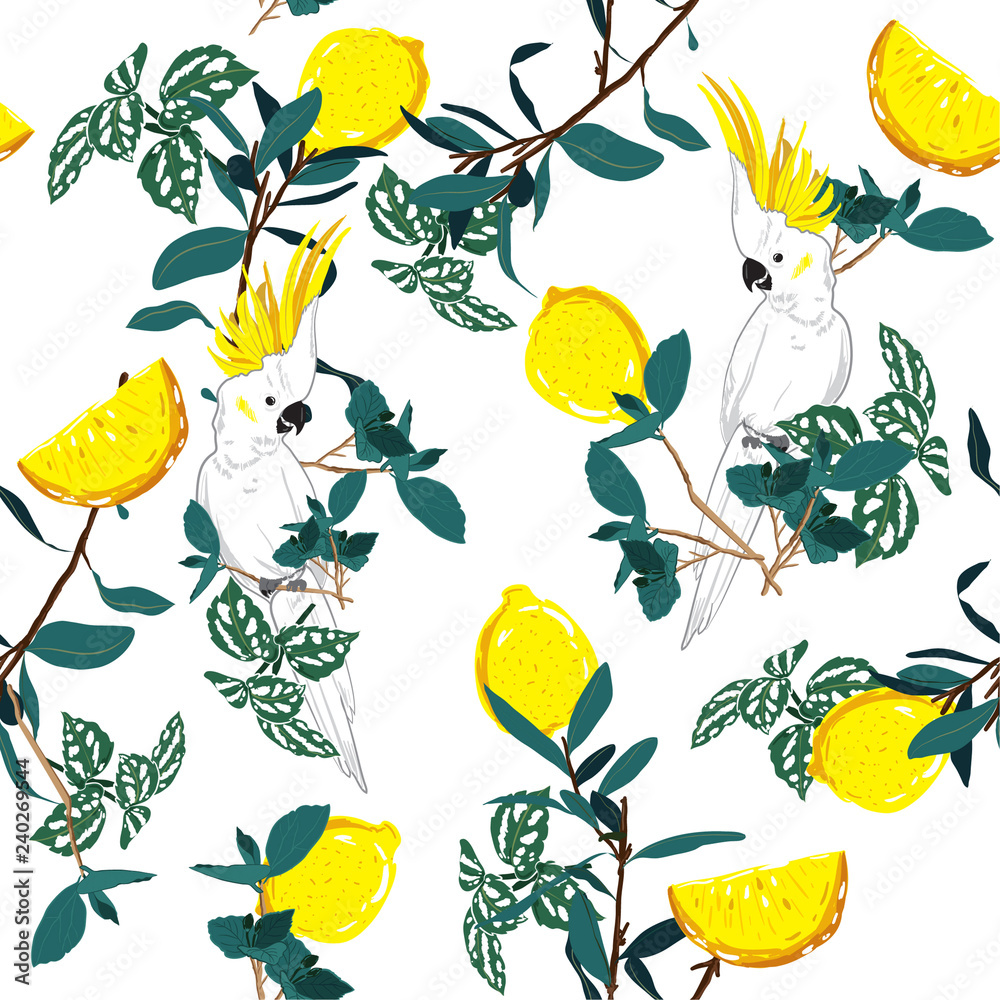Fototapeta premium Forest print. Parrot bird in the jungle with in the summer lemon garden wild life allover design, seamless pattern vector for fashion ,