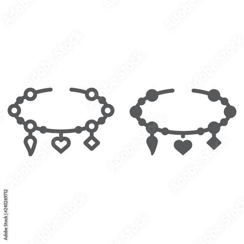 Bracelet with heart line and glyph icon, jewellery and accessory, bracelet with pendants sign, vector graphics, a linear pattern on a white background.